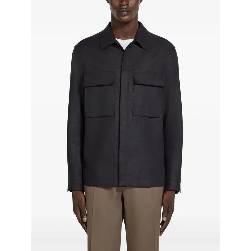 Chemise Zegna en lin à manches longues - Bleu Marine