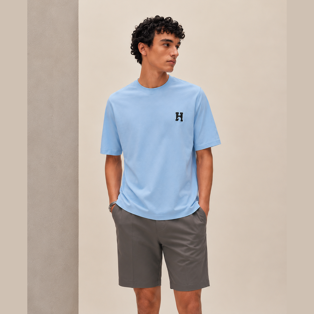 T-Shirt Hermes - Mini patch cuir « H'Cheval » - Bleu ciel