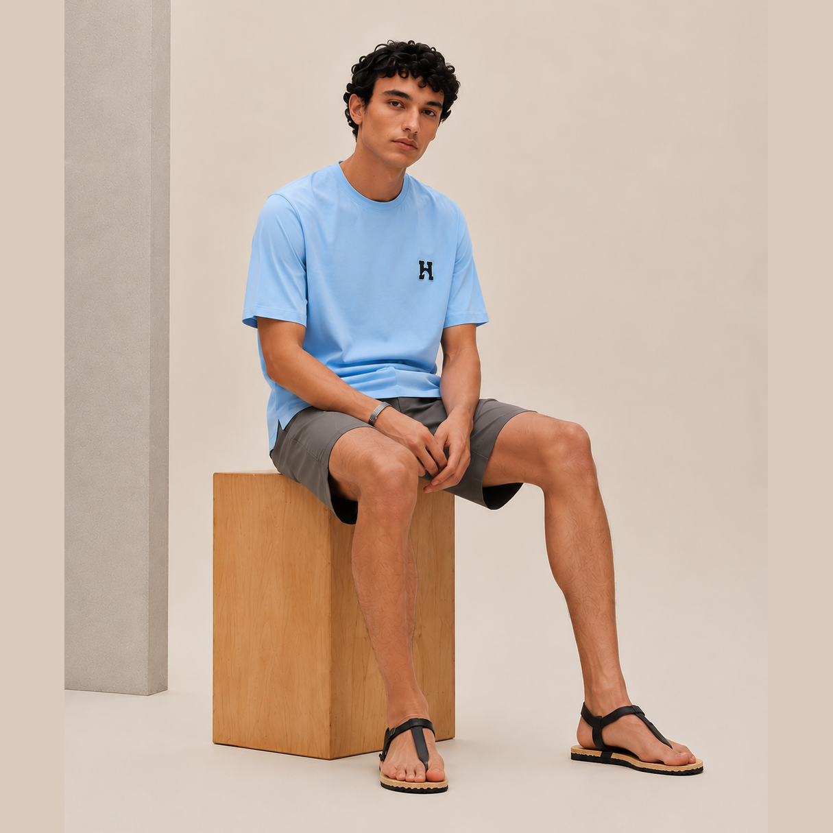 T-Shirt Hermes - Mini patch cuir « H'Cheval » - Bleu ciel