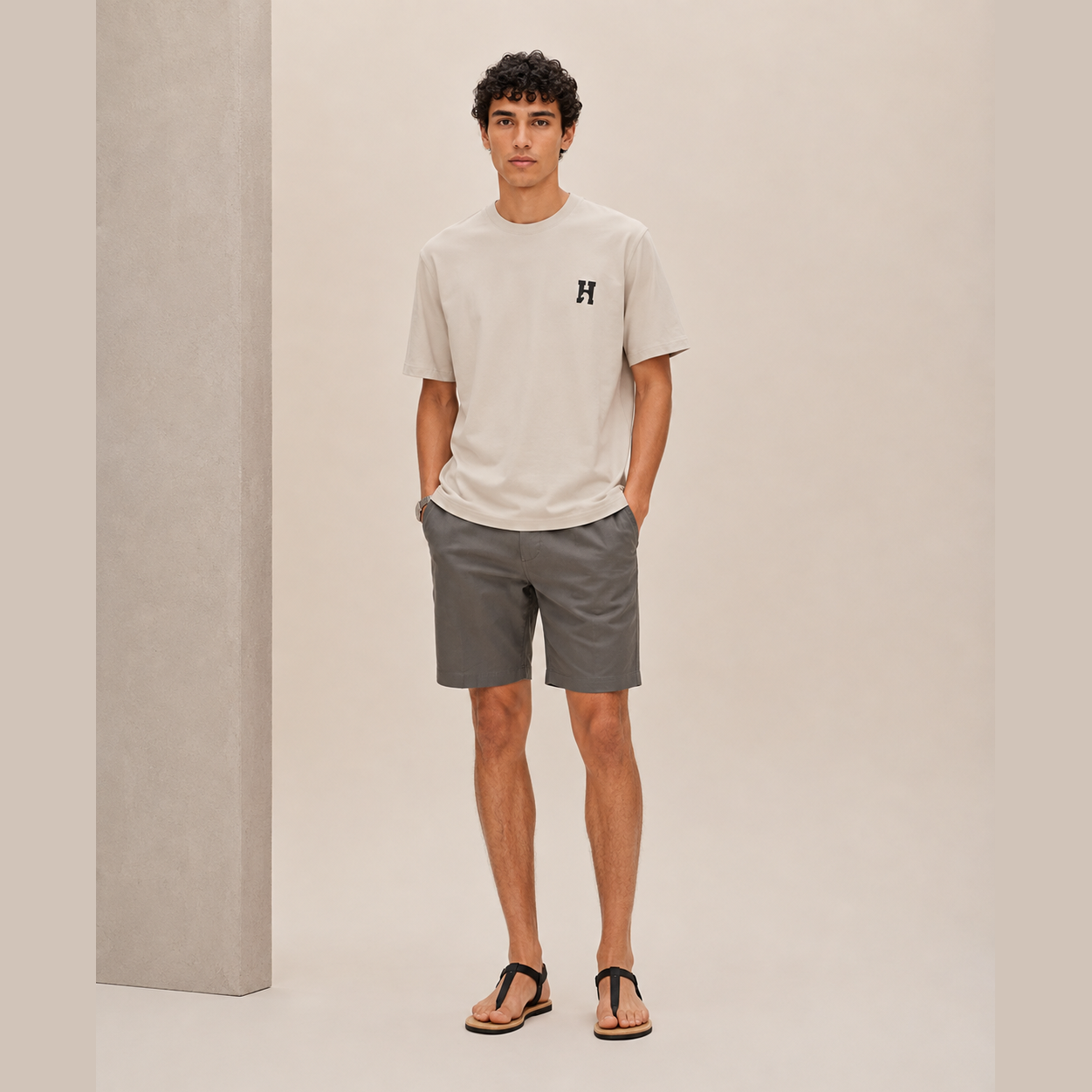 T-Shirt Hermes - Mini patch cuir « H'Cheval » - Beige Grège Clair