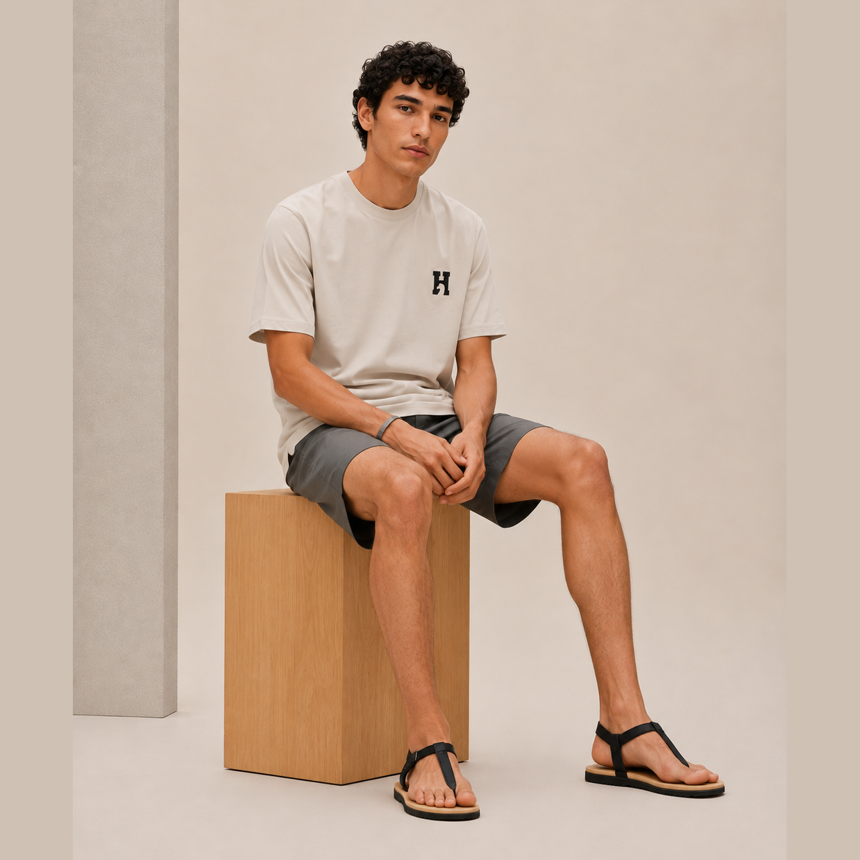 T-Shirt Hermes - Mini patch cuir « H'Cheval » - Beige Grège Clair