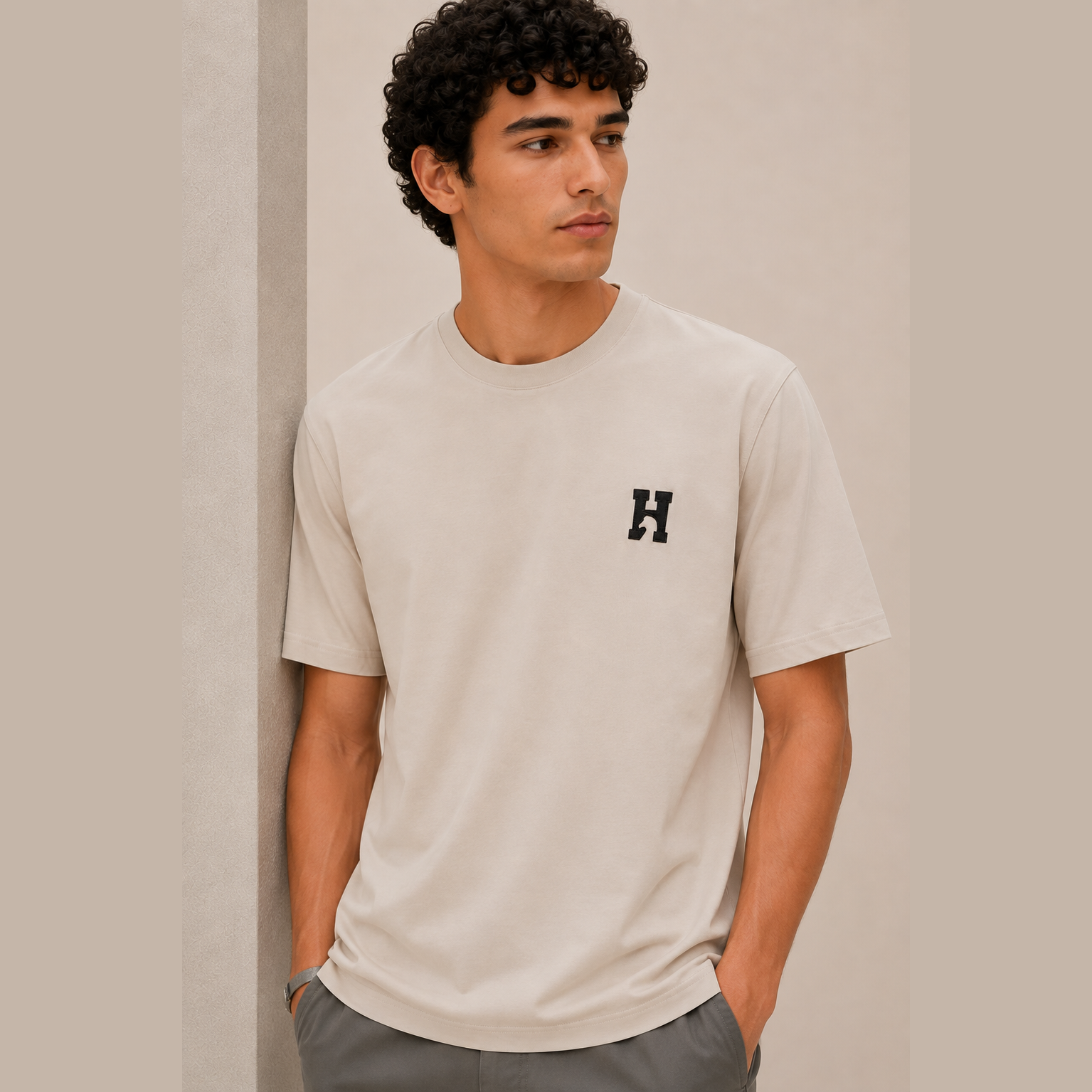 T-Shirt Hermes - Mini patch cuir « H'Cheval » - Beige Grège Clair