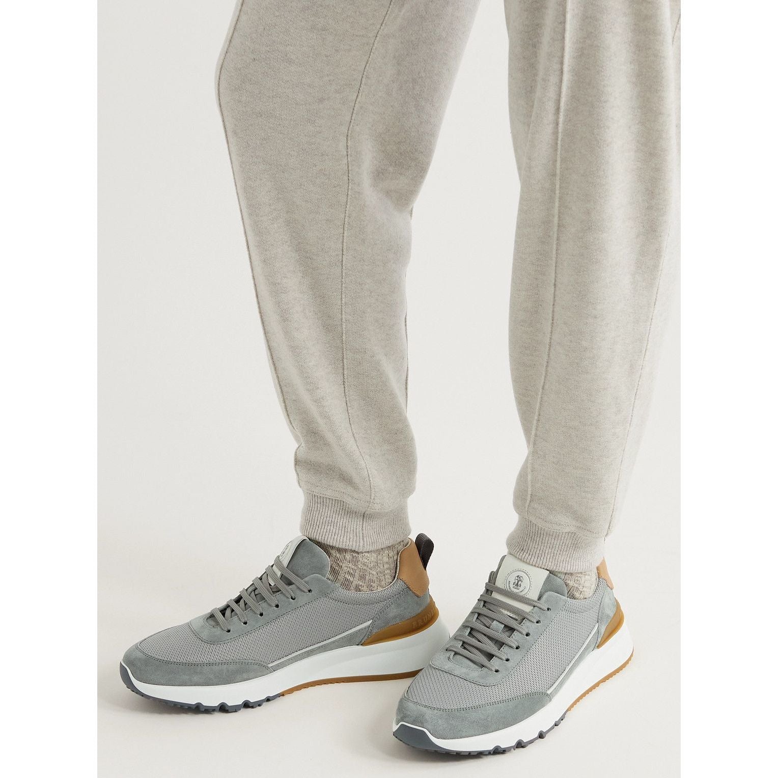 Espadrilles Brunello Cucinelli - Maille bordée de cuir et de daim - Gris