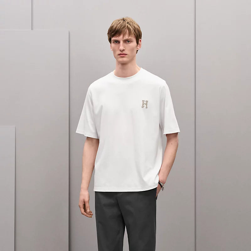 T-Shirt Hermes - Mini patch cuir « H'Cheval » - Blanc